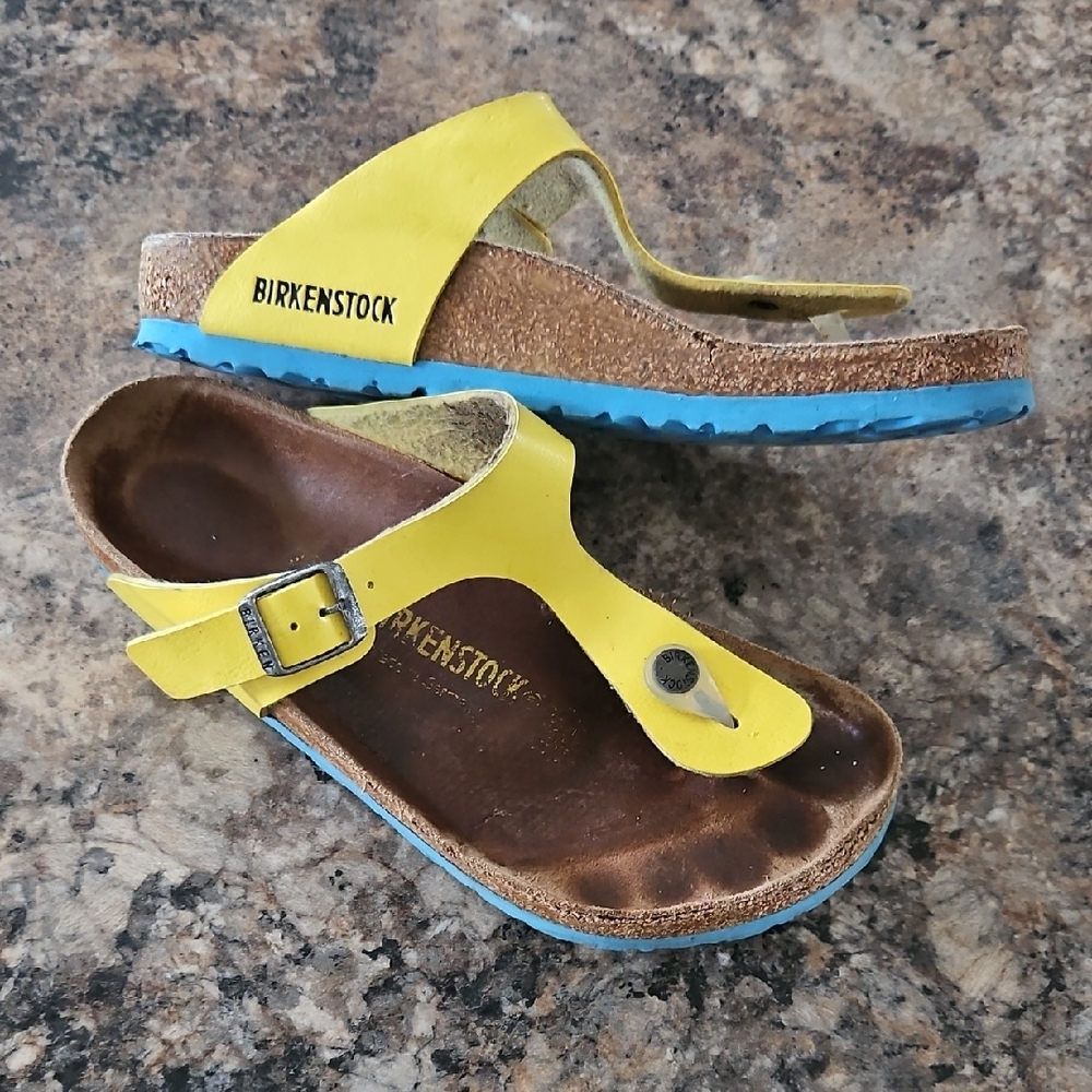 Birkenstock Yellow Leather Thong Sandals with Blue Soles